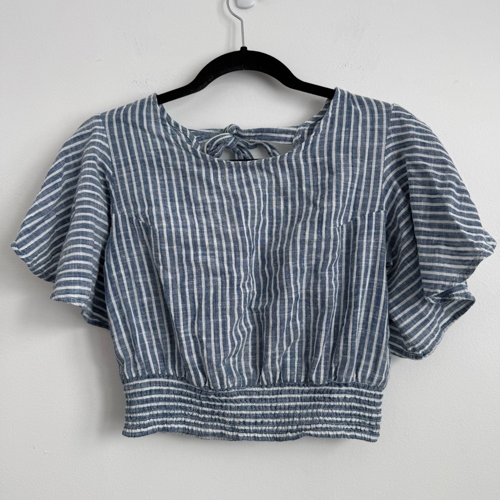 Japna 100% Cotton Cropped Flowy Short Sleeves Boho Striped Blouse Top Medium